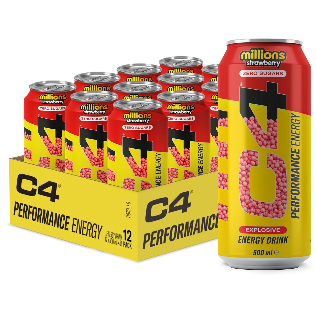 C4 Zero Sugar Explosive Energy Drink Millions Strawberry 12 x 500ml